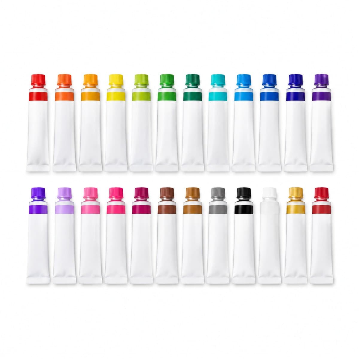Twenty-four small white paint tubes with coloured caps and bands, in two rows of twelve