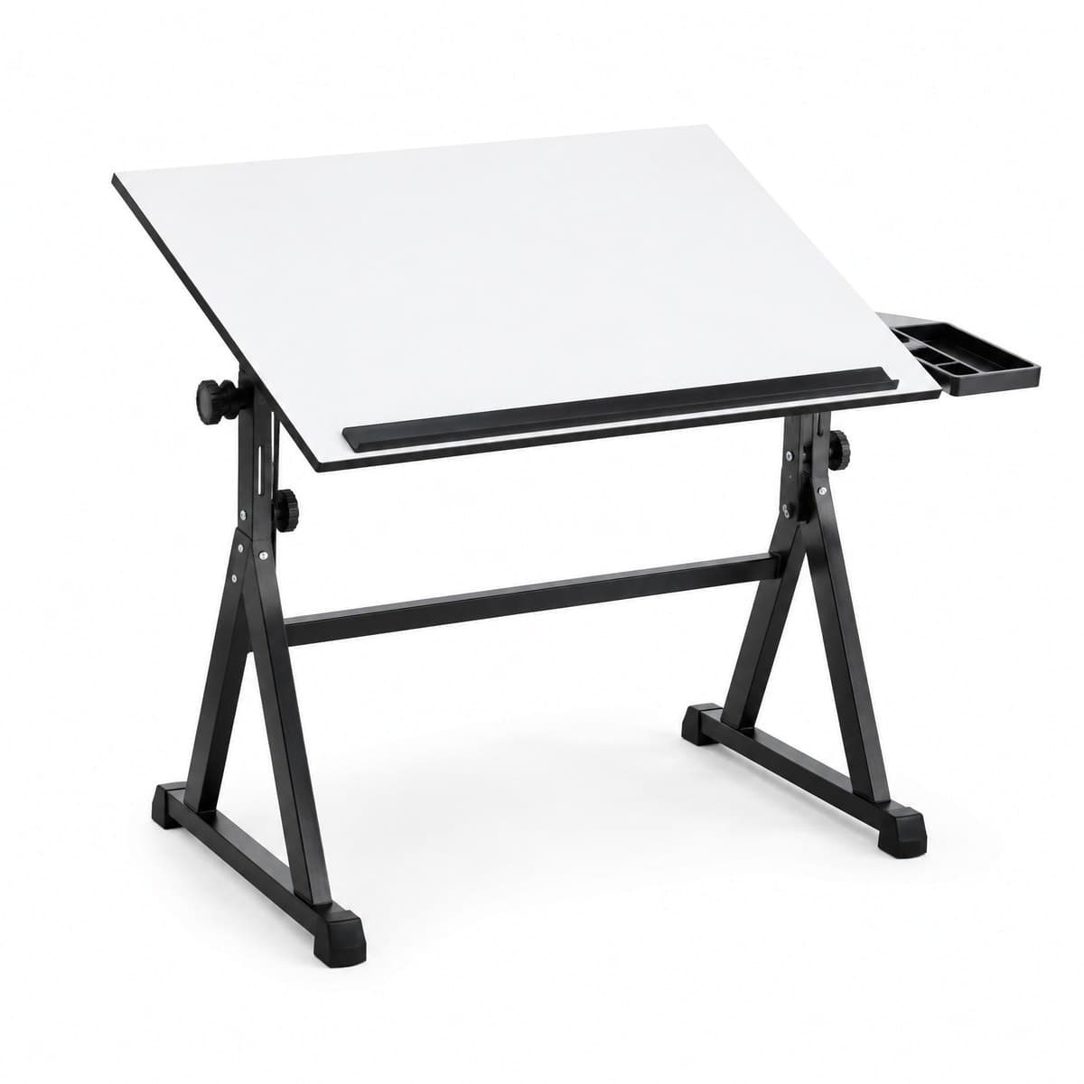 A drafting table with a tilted white top on a black steel frame, a black pencil ledge and a small black side tray