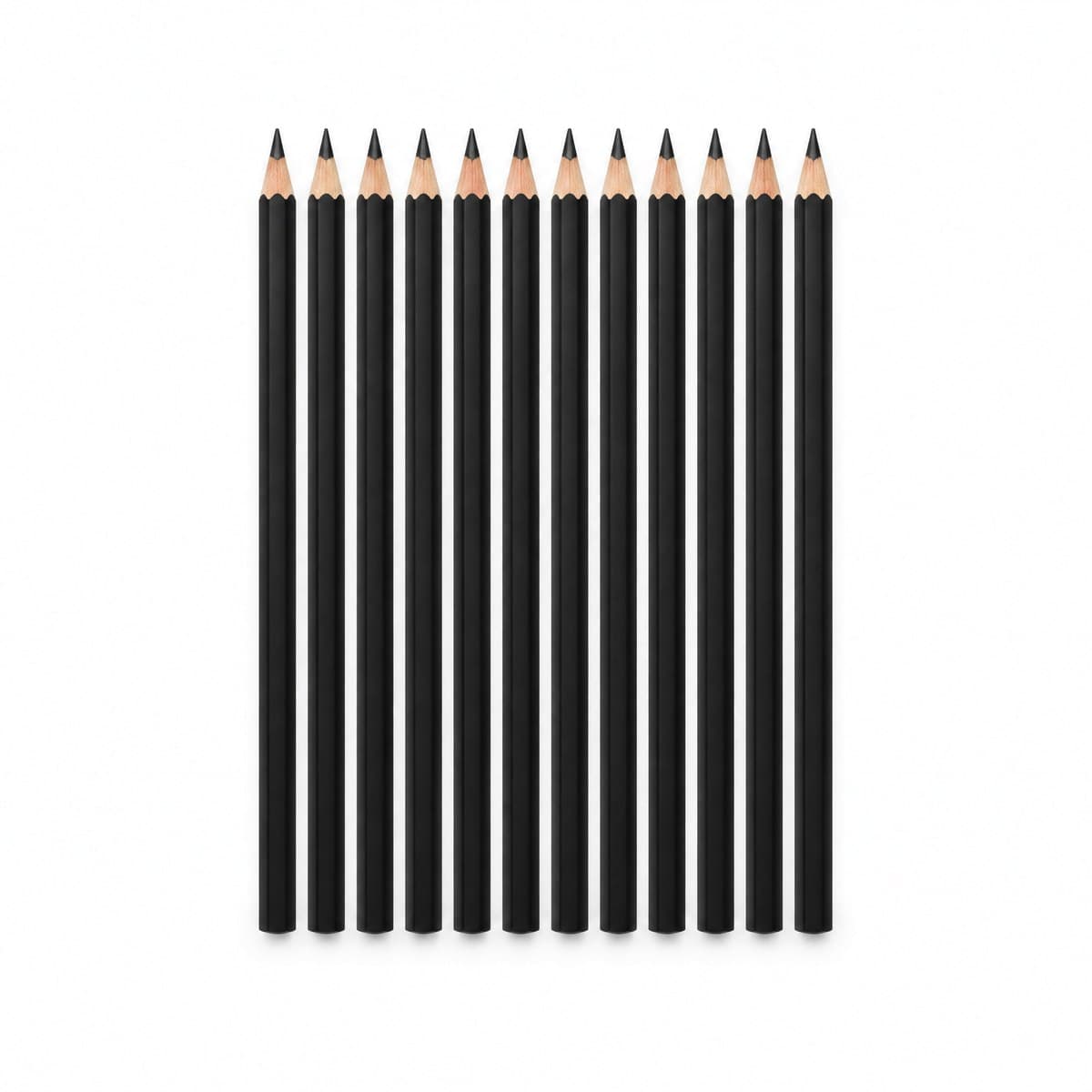 Twelve sharpened matte black pencils lying side by side