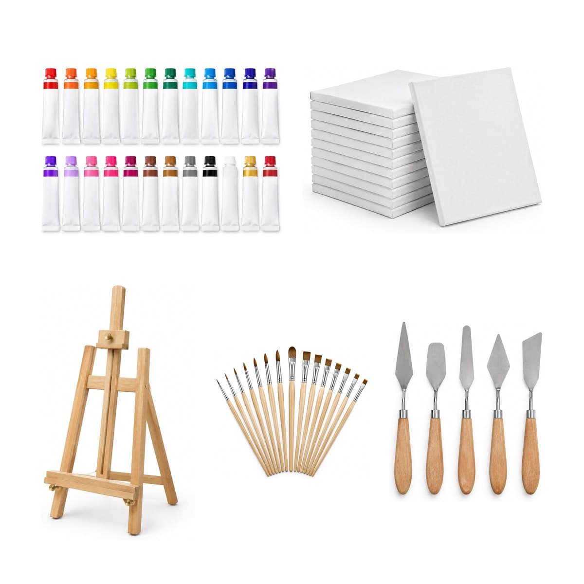 The pieces of the Painter's Starter Kit together: a tabletop easel, acrylic paint tubes, brushes, palette knives and canvas panels
