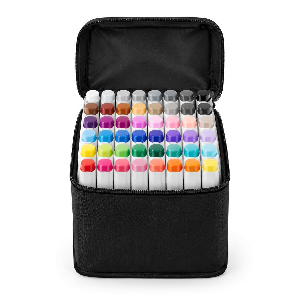 Forty-eight white markers with coloured caps standing in six rows in an open black zip case