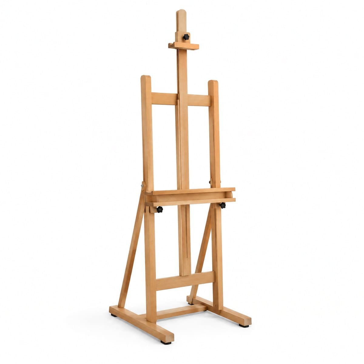 A tall empty beechwood H-frame studio easel with a canvas tray, a top clamp and black locking knobs