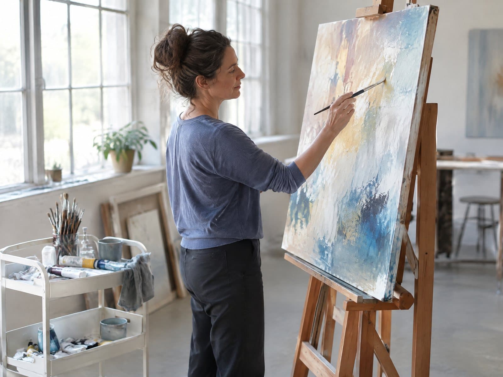 A woman painting a large abstract canvas in blues, whites and ochre on a wooden easel in a bright studio with tall windows, a white cart of paint tubes and brushes to the left