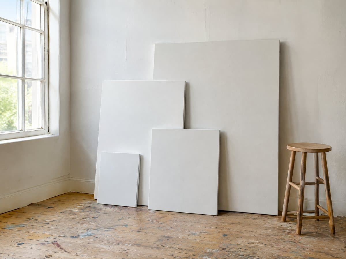 Four blank white stretched canvases of different sizes leaning against a white wall on a paint-flecked wooden floor, a wooden stool at the right
