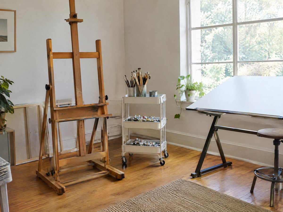 A corner of an artist's studio with an empty wooden H-frame easel, a white rolling cart of brushes and paint tubes, and a drafting table with a tilted white top and a stool by a large window
